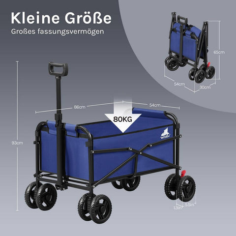Rootz Foldable Handcart - Trolley - Utility Cart - 80kg Capacity with Brakes - Durable & Portable - 86 x 93 x 54 cm