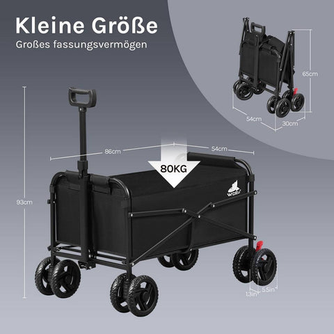 Rootz Foldable Boller Trolley - Handcart - Transport Cart - 80kg Capacity - 600D Oxford Fabric - 86x93x54cm - Black
