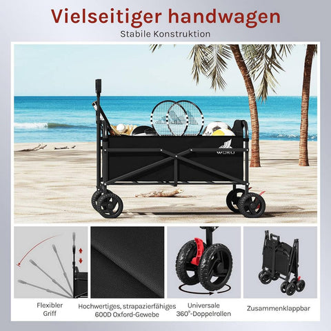 Rootz Foldable Boller Trolley - Handcart - Transport Cart - 80kg Capacity - 600D Oxford Fabric - 86x93x54cm - Black