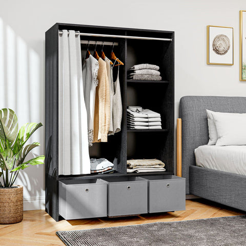 Rootz Wardrobe with Pole Curtain - Closet with Storage - Fabric Drawer Organizer - Ample Storage Space - 105 x 48 x 160 cm