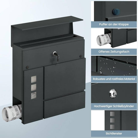 Rootz Mailbox - Letter Holder - Newspaper Compartment - Weatherproof - 37x37x10.5 cm Grey