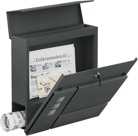 Rootz Mailbox - Letter Holder - Newspaper Compartment - Weatherproof - 37x37x10.5 cm Grey