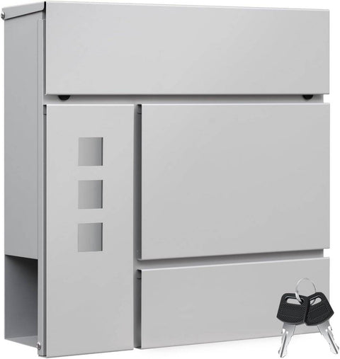 Rootz Mailbox with Newspaper Compartment - Post Box - Wall-Mounted Mail Holder - Keeps Mail Dry - 37x37x10.5 cm - Grey