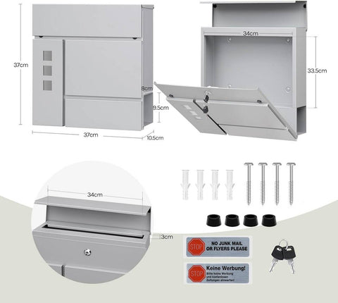 Rootz Mailbox with Newspaper Compartment - Post Box - Wall-Mounted Mail Holder - Keeps Mail Dry - 37x37x10.5 cm - Grey