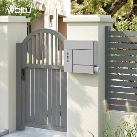 Rootz Mailbox with Newspaper Compartment - Post Box - Wall-Mounted Mail Holder - Keeps Mail Dry - 37x37x10.5 cm - Grey