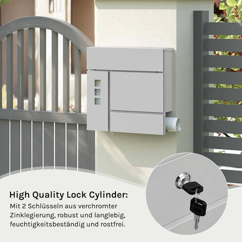 Rootz Mailbox with Newspaper Compartment - Post Box - Wall-Mounted Mail Holder - Keeps Mail Dry - 37x37x10.5 cm - Grey