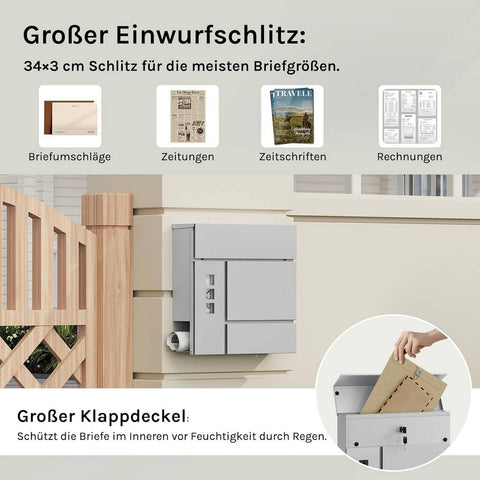 Rootz Mailbox with Newspaper Compartment - Post Box - Wall-Mounted Mail Holder - Keeps Mail Dry - 37x37x10.5 cm - Grey