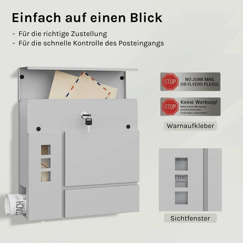 Rootz Mailbox with Newspaper Compartment - Post Box - Wall-Mounted Mail Holder - Keeps Mail Dry - 37x37x10.5 cm - Grey