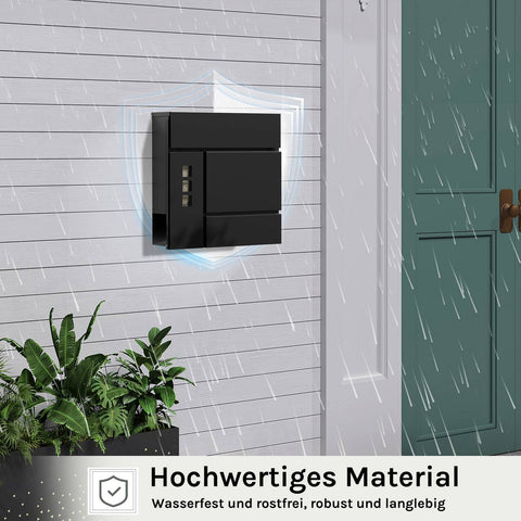 Rootz Mailbox with Newspaper Compartment - Letterbox - Wall Mount Post Box - Waterproof - 37x37x10.5 cm Black