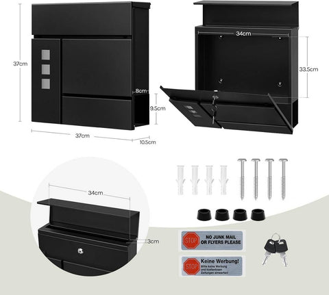 Rootz Mailbox with Newspaper Compartment - Letterbox - Wall Mount Post Box - Waterproof - 37x37x10.5 cm Black