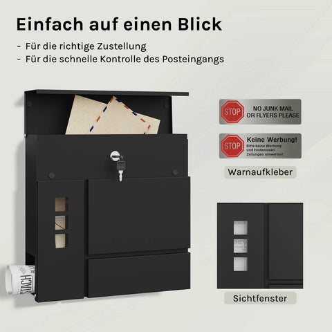 Rootz Mailbox with Newspaper Compartment - Letterbox - Wall Mount Post Box - Waterproof - 37x37x10.5 cm Black