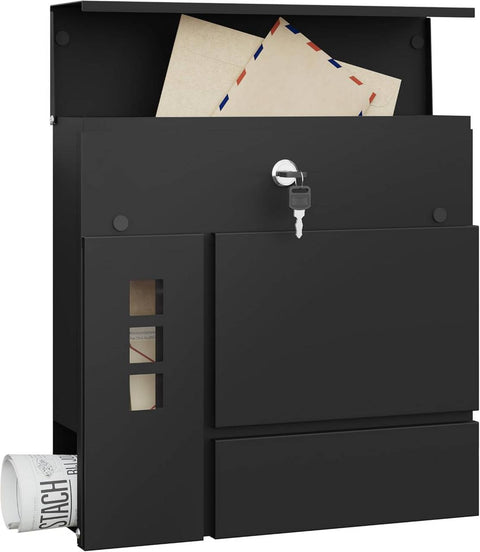 Rootz Mailbox with Newspaper Compartment - Letterbox - Wall Mount Post Box - Waterproof - 37x37x10.5 cm Black
