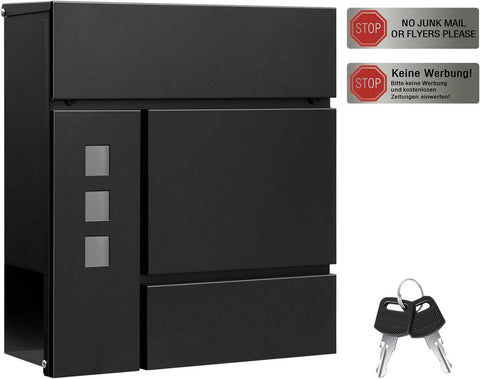 Rootz Mailbox with Newspaper Compartment - Letterbox - Wall Mount Post Box - Waterproof - 37x37x10.5 cm Black