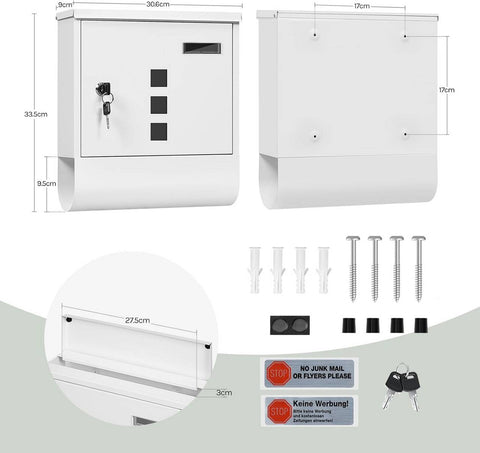 Rootz White Mailbox - Wall-Mounted Post Box - Secure Locking System - Galvanized Steel - 30.6 x 33.5 x 10 cm
