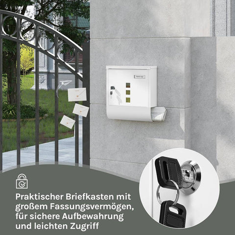 Rootz White Mailbox - Wall-Mounted Post Box - Secure Locking System - Galvanized Steel - 30.6 x 33.5 x 10 cm