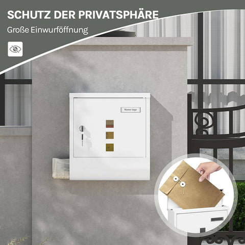 Rootz White Mailbox - Wall-Mounted Post Box - Secure Locking System - Galvanized Steel - 30.6 x 33.5 x 10 cm