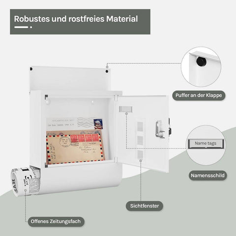 Rootz White Mailbox - Wall-Mounted Post Box - Secure Locking System - Galvanized Steel - 30.6 x 33.5 x 10 cm