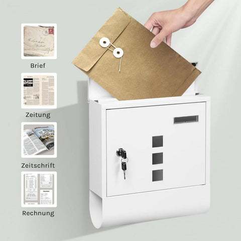 Rootz White Mailbox - Wall-Mounted Post Box - Secure Locking System - Galvanized Steel - 30.6 x 33.5 x 10 cm