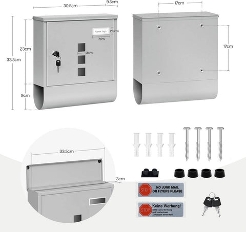 Rootz Mailbox - Letterbox - Postbox - Keeps Mail Dry & Secure - Galvanized Steel - 30.6 x 33.5 x 10 cm Grey