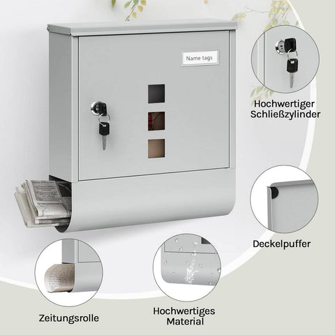 Rootz Mailbox - Letterbox - Postbox - Keeps Mail Dry & Secure - Galvanized Steel - 30.6 x 33.5 x 10 cm Grey