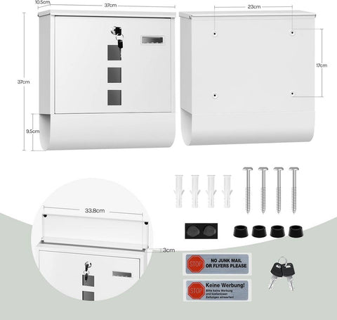 Rootz Wall Mounted Mailbox - Post Box - Letterbox - Waterproof & Rust-Resistant - 37x37x10.5 cm White