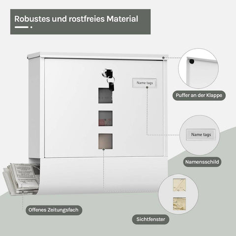 Rootz Wall Mounted Mailbox - Post Box - Letterbox - Waterproof & Rust-Resistant - 37x37x10.5 cm White