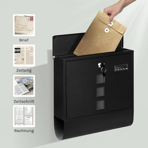 Rootz Wall Mailbox - Outdoor Letterbox - Locking Mail Holder - Rust-Resistant, Privacy Secure - 37x37x10.5 cm Black
