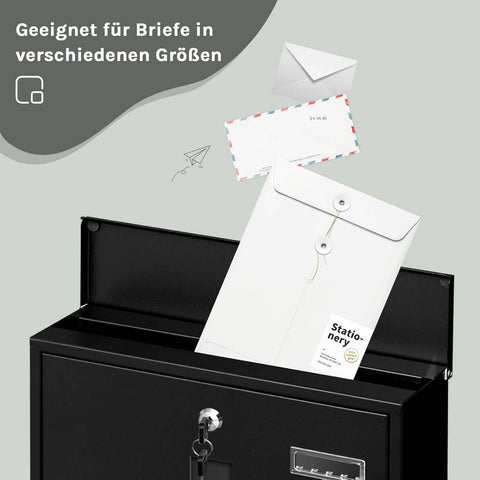 Rootz Wall Mailbox - Outdoor Letterbox - Locking Mail Holder - Rust-Resistant, Privacy Secure - 37x37x10.5 cm Black