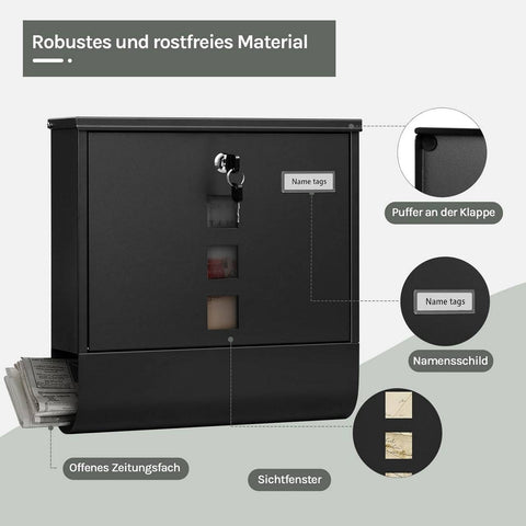 Rootz Wall Mailbox - Outdoor Letterbox - Locking Mail Holder - Rust-Resistant, Privacy Secure - 37x37x10.5 cm Black