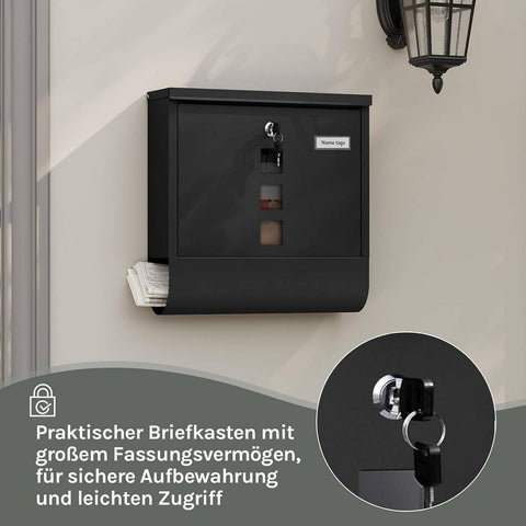 Rootz Wall Mailbox - Outdoor Letterbox - Locking Mail Holder - Rust-Resistant, Privacy Secure - 37x37x10.5 cm Black