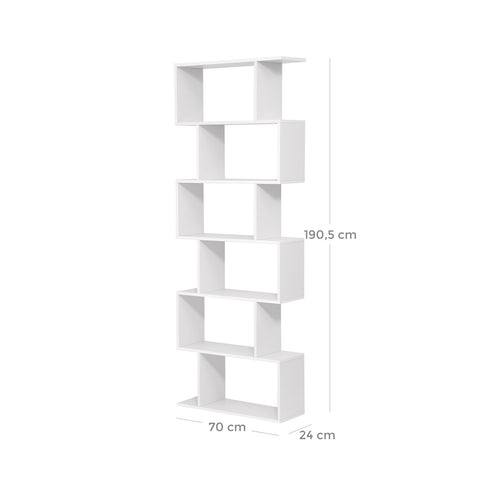 Rootz S-Style Bookcase - Standing Filing Shelf - White Bookshelf - Chipboard - 4/6 Tier - Versatile Storage - Space-Saving Design - 70cm x 24cm x 190.5cm