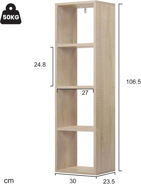 Rootz Bookcase - Standing Shelf - Open Cube Organizer - Premium Wood Material - Large Storage Space - 30cm x 106.5cm x 23.5cm