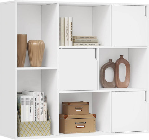 Rootz White Bookcase - Storage Shelf - Bookshelf with Doors - Scratch-Resistant - 106x96x30 cm - Ideal for Home or Office