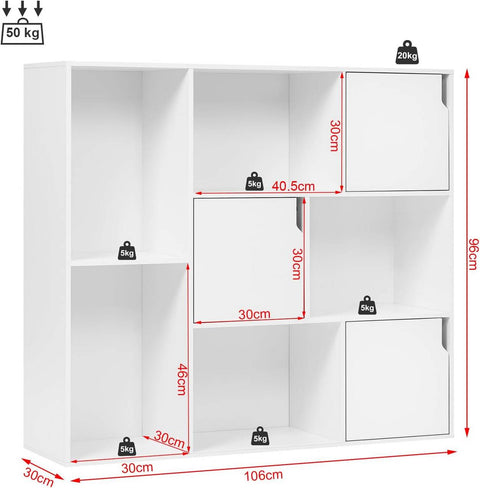 Rootz White Bookcase - Storage Shelf - Bookshelf with Doors - Scratch-Resistant - 106x96x30 cm - Ideal for Home or Office