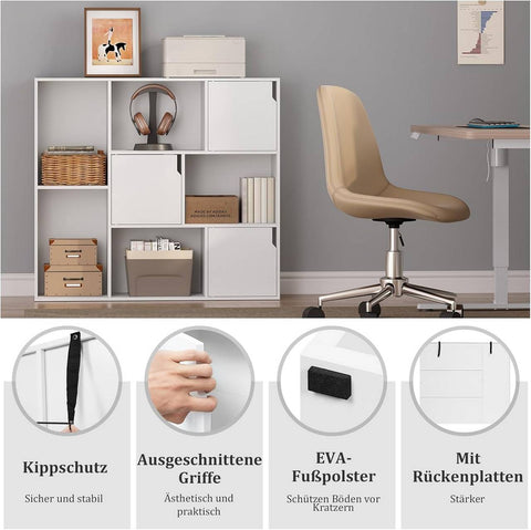 Rootz White Bookcase - Storage Shelf - Bookshelf with Doors - Scratch-Resistant - 106x96x30 cm - Ideal for Home or Office