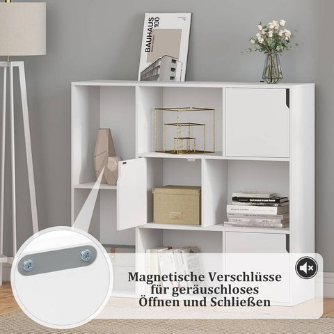 Rootz White Bookcase - Storage Shelf - Bookshelf with Doors - Scratch-Resistant - 106x96x30 cm - Ideal for Home or Office