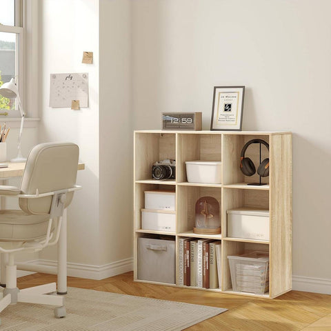 Rootz Bookshelf Cube Storage Unit - White/Light Oak - 9 Cubes - E1 Wood Material - Space-saving - Stable - 94 x 93 x 29.5 cm