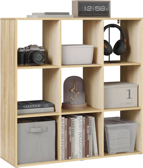 Rootz Scandinavian Bookshelf - Cube Shelf - Open Display Shelf - E1 Wood Material - 94cm x 93cm x 29.5cm - White/Light Oak - 9 Compartments