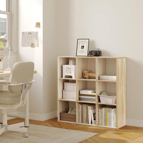 Rootz Scandinavian Bookshelf - Cube Shelf - Open Display Shelf - E1 Wood Material - 94cm x 93cm x 29.5cm - White/Light Oak - 9 Compartments