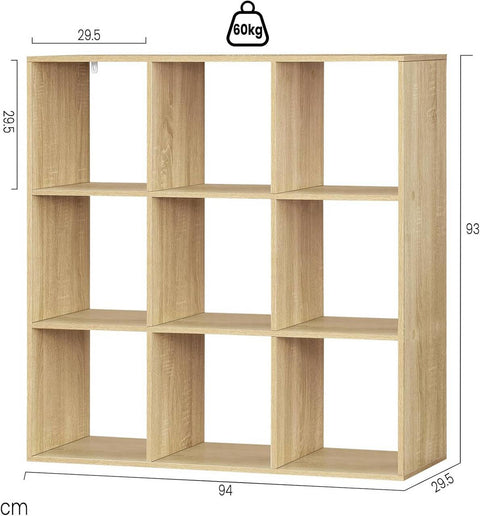 Rootz Scandinavian Bookshelf - Cube Shelf - Open Display Shelf - E1 Wood Material - 94cm x 93cm x 29.5cm - White/Light Oak - 9 Compartments
