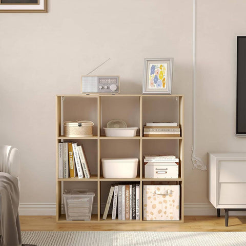 Rootz Scandinavian Bookshelf - Cube Shelf - Open Display Shelf - E1 Wood Material - 94cm x 93cm x 29.5cm - White/Light Oak - 9 Compartments