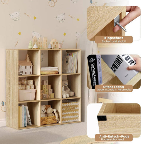 Rootz Scandinavian Bookshelf - Cube Shelf - Open Display Shelf - E1 Wood Material - 94cm x 93cm x 29.5cm - White/Light Oak - 9 Compartments