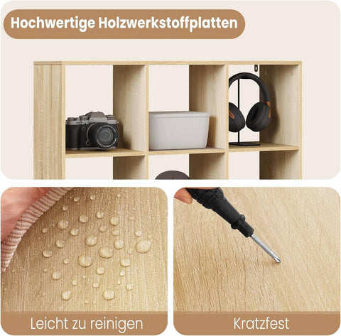 Rootz Scandinavian Bookshelf - Cube Shelf - Open Display Shelf - E1 Wood Material - 94cm x 93cm x 29.5cm - White/Light Oak - 9 Compartments