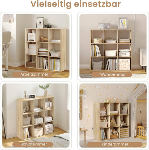 Rootz Scandinavian Bookshelf - Cube Shelf - Open Display Shelf - E1 Wood Material - 94cm x 93cm x 29.5cm - White/Light Oak - 9 Compartments