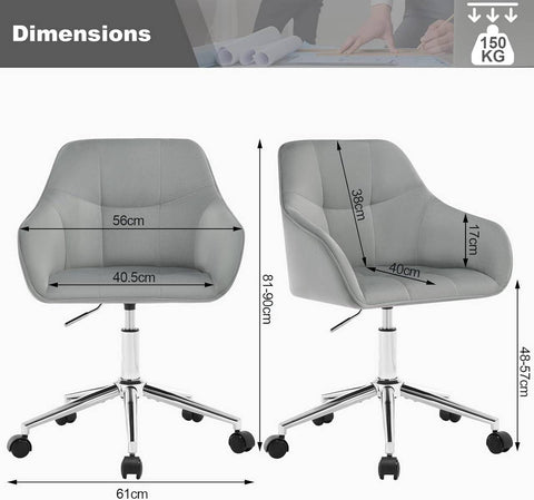 Rootz Velvet Office Chair - Desk Chair - Adjustable Swivel Chair - Ergonomic Seating - Stylish Check Quilting - Height 48-57cm - 61cm x 90cm x 56cm