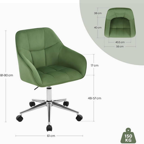 Rootz Green Office Chair - Ergonomic Desk Chair - Adjustable Height - Velvet Comfort - 61cm x (81-90)cm x 56cm