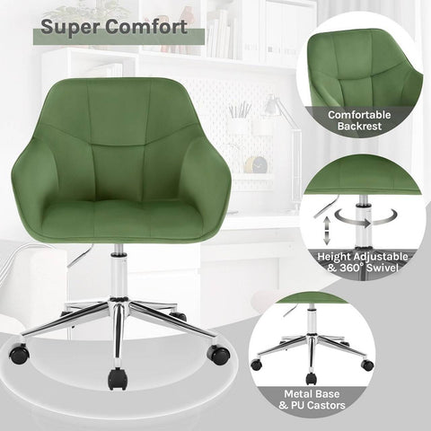 Rootz Green Office Chair - Ergonomic Desk Chair - Adjustable Height - Velvet Comfort - 61cm x (81-90)cm x 56cm