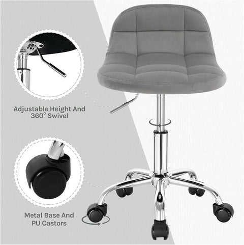 Rootz Office Swivel Chair - Rotating Chair - Height Adjustable Stool - Ergonomic Support - 38x31cm - Grey Velvet
