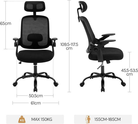 Rootz Ergonomic Office Chair - Desk Chair - Executive Seat - Lumbar Support - 63.5cm x 109.5-117.5cm x 50cm - Black - Mesh Fabric