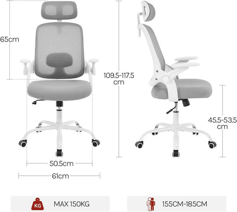 Rootz Ergonomic Office Chair - Desk Chair - Lumbar Support - Adjustability - 63.5cm x 109.5-117.5cm x 50cm - Grey